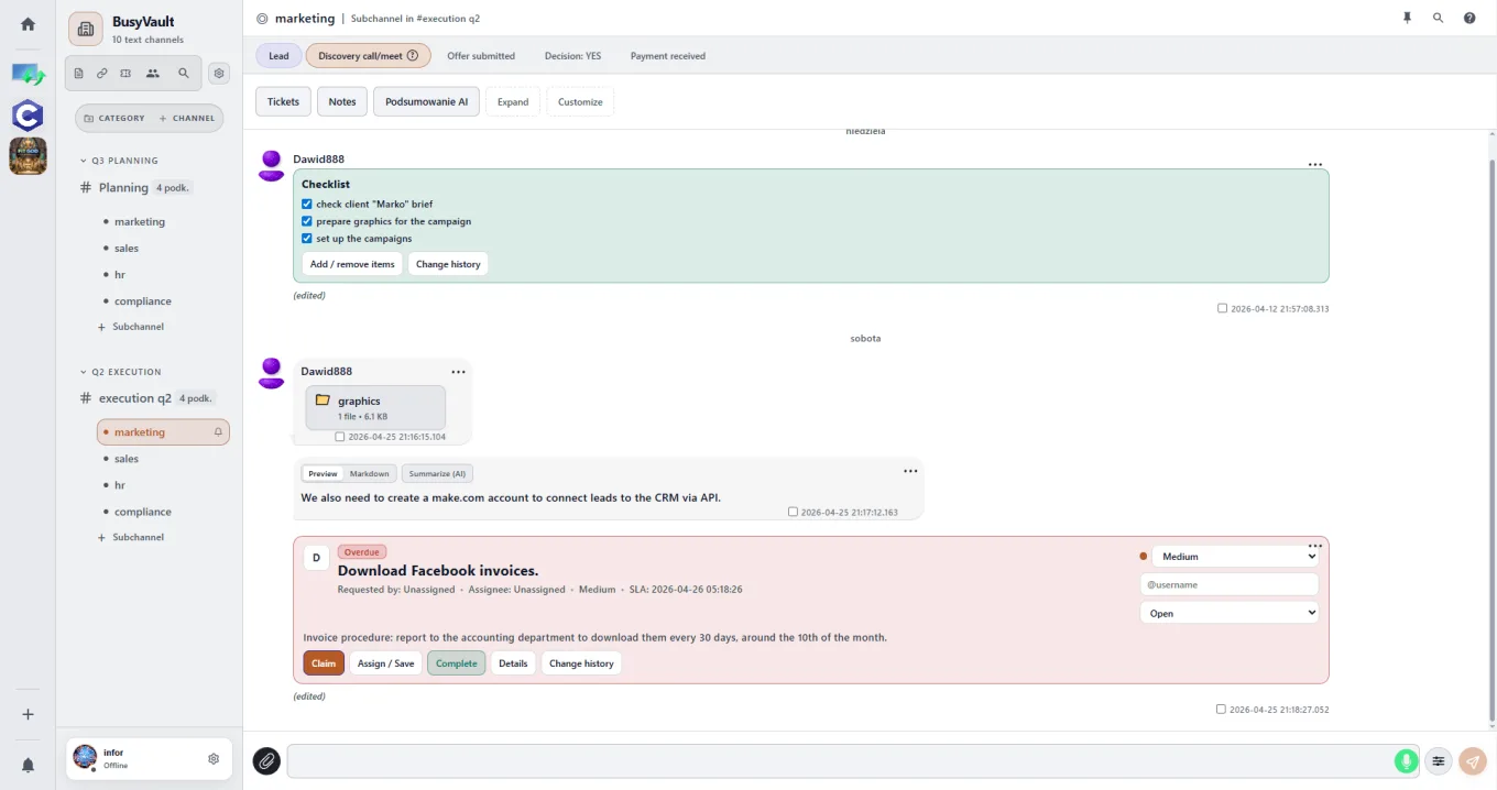 BusyVault app — channel list, subchannels, checklist, uploaded files and a ticket with SLA